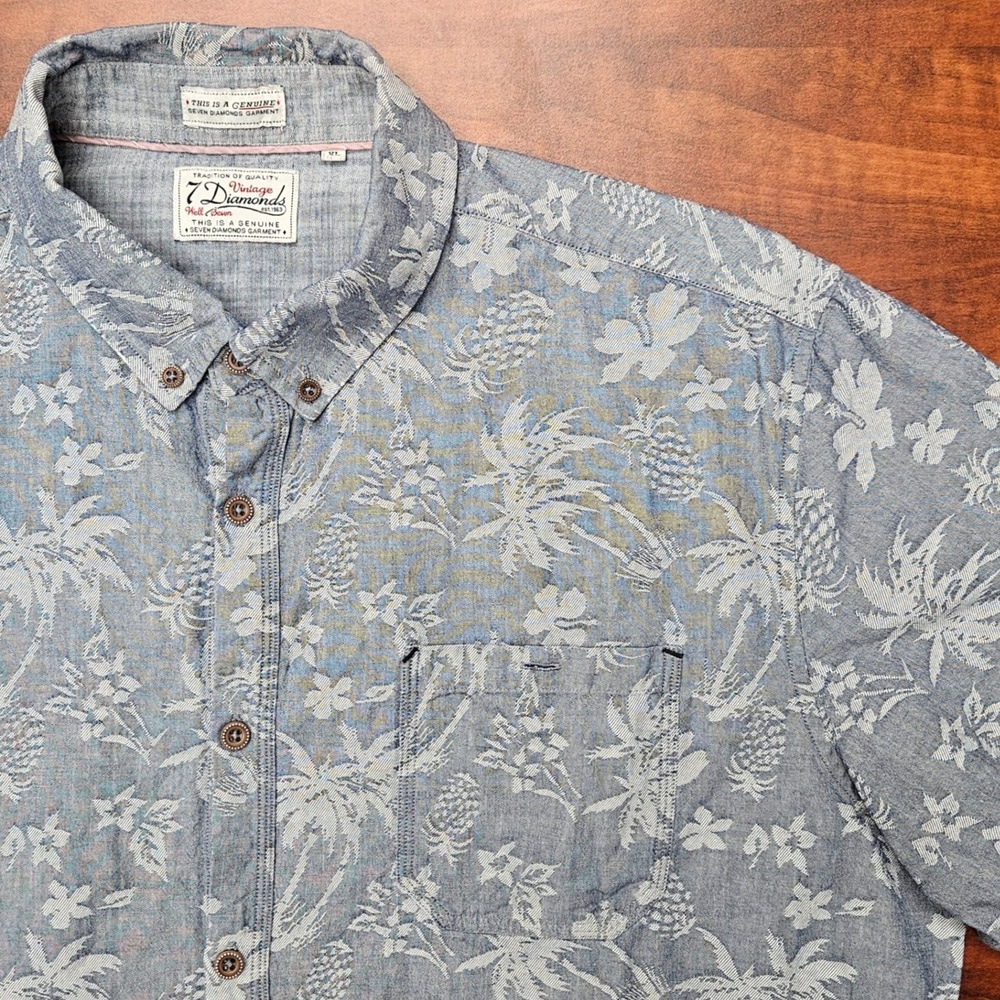 7 Diamonds Button Down Shirt Mens XL Blue Tropical Palm Pineapple Beach Vacation